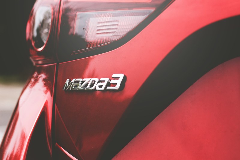 mazda 3 logo on a red car bumper, red mazda 4k
