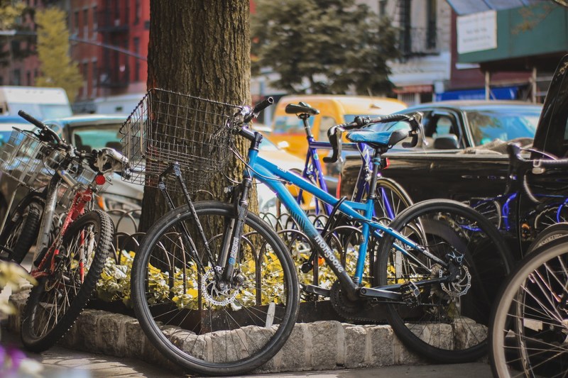 bicycles parked and leaning against a tree in the city, parked bikes 4k