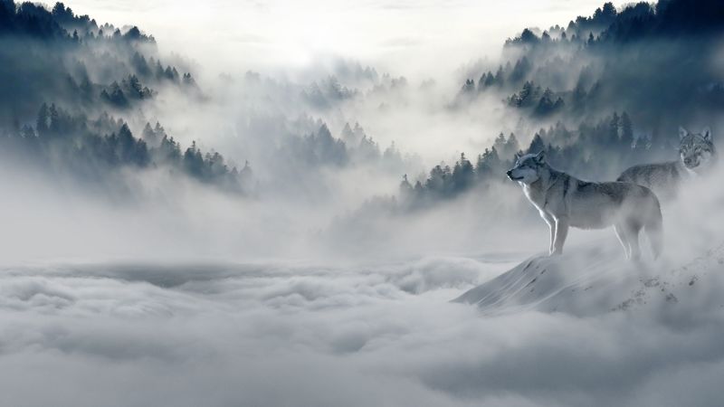 wolf, wolves, predators, fog, snow, mountains, 4k
