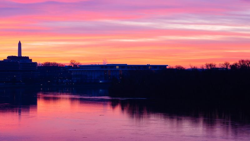 sunset, river, building, sky, 4k