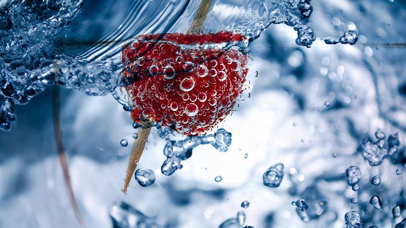 bubbles, raspberry, toothpick, close-up, 4k