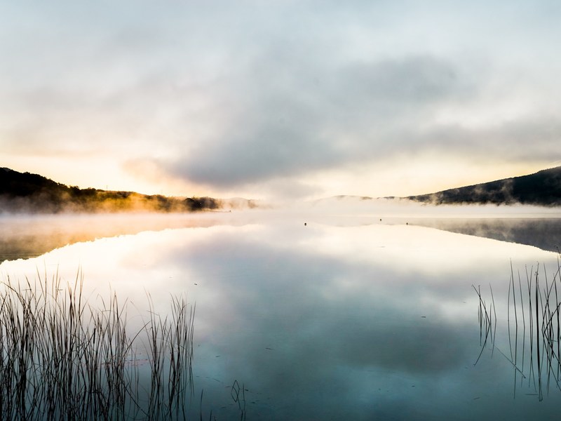 clouds and trees reflect into a still lake in pacifica, golden hour at the lake 4k