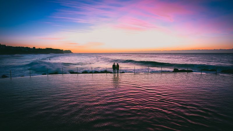 couple, sea, sunset, surf, 4k