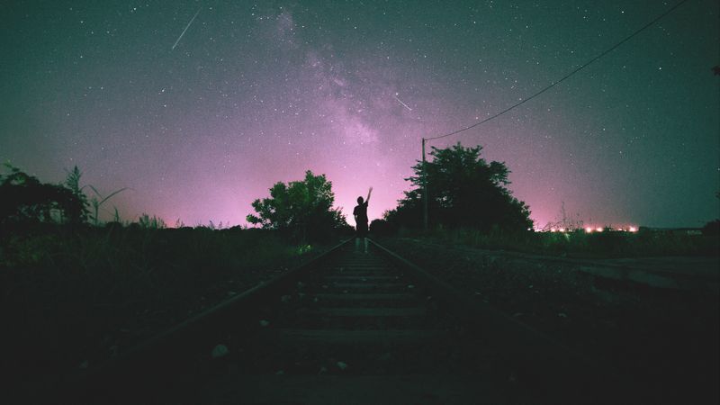 railway, starry sky, man, night, 4k