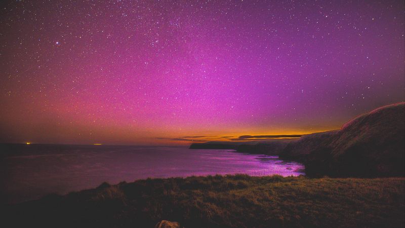 night, starry sky, stars, sea, shore, 4k