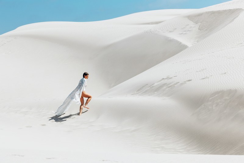 dune sand white sand and woman 4k