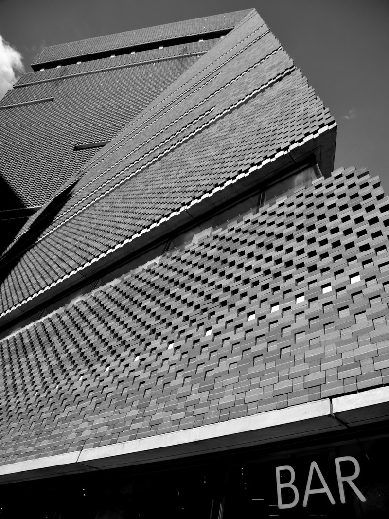 black and white photo of tate modern building as seen from the bottom, tate modern bampw 4k