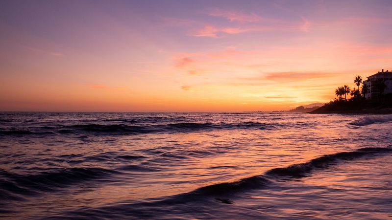 island, waves, palm trees, sunset, 4k
