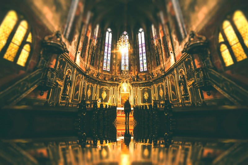 gold lighting coming from the windows of a church, _darkness vs light in a girls soul 4k