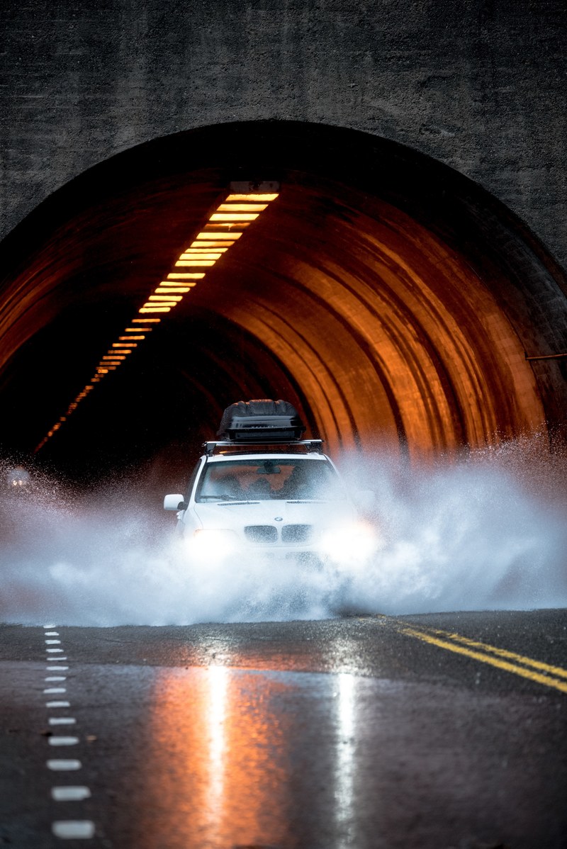 mist in front of a cars headlights as it exits a tunnel, _busting through 4k