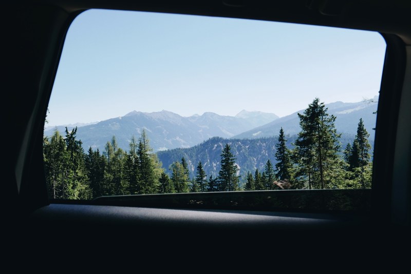 view from a car window on wooded slopes on a sunny day, road trip along the green mountains 4k