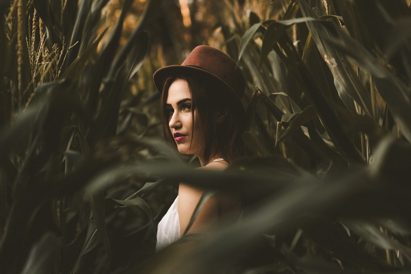 woman in a hat hidden in a tall corn field, corn field maze 4k