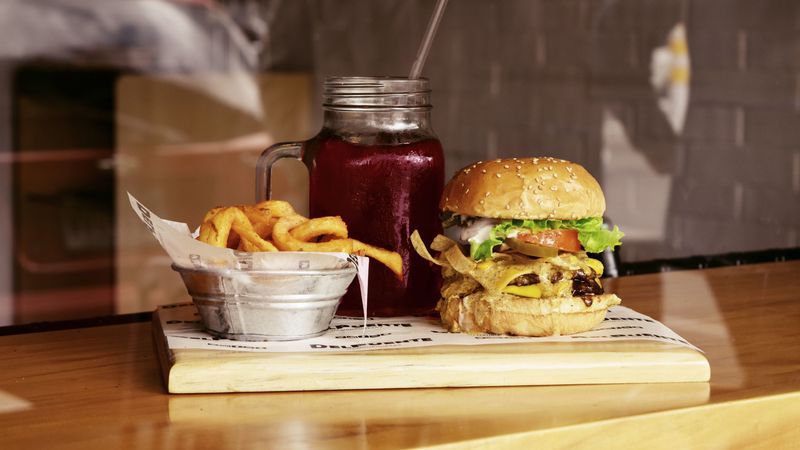 burger, hamburger, french fries, fast food, drink, 4k