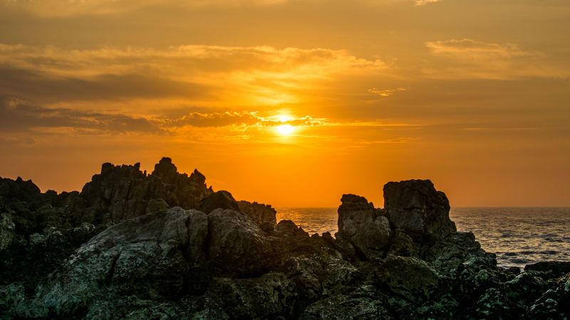 rocks, blocks, sunset, sun, 4k