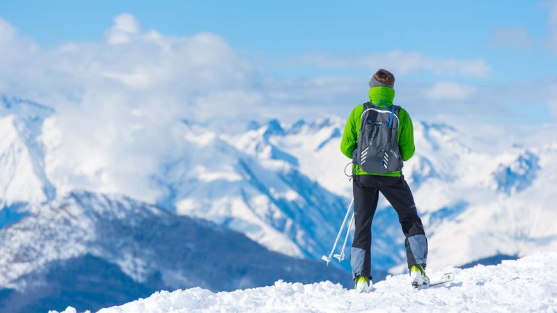 sportsman, skiing, mountain, top, tourist, 4k