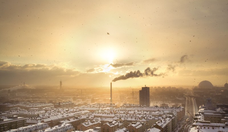 an industrial cityscape of a town filled with factories and air pollution at sunset, industrial factory 4k