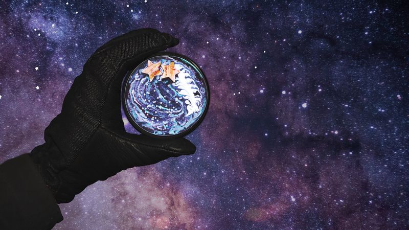 hand, space, stars, cup, art, 4k