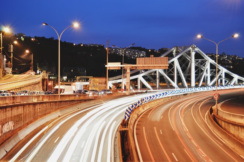 a time lapsed photo making car lights travel at high speed near a bridge on autoroute a7, in tribute to maxime 4k