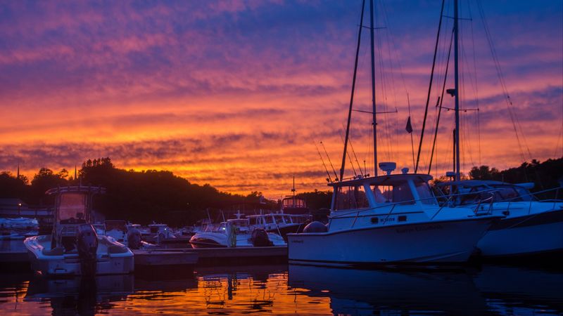 yachts, boats, dock, sunset, 4k