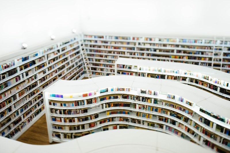 a view from above the white curved bookshelves, _white curved bookshelves 4k