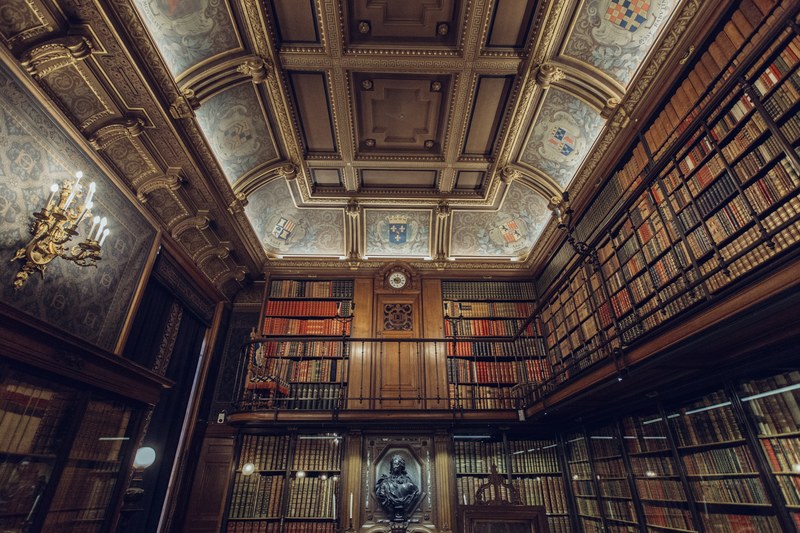 a large library or study filled with lots of books ornate ceilings and two levels in chantilly, chantilly library study 4k