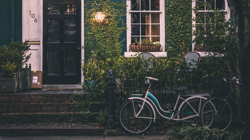 bicycle, fence, house, window, 4k