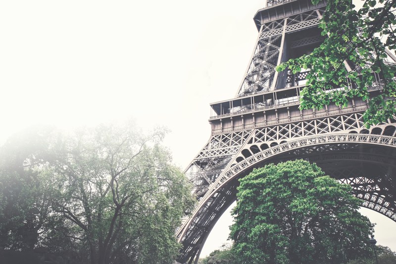 a close up shot of the eiffel tower in paris with trees surrounding it, eiffel tower with trees 4k