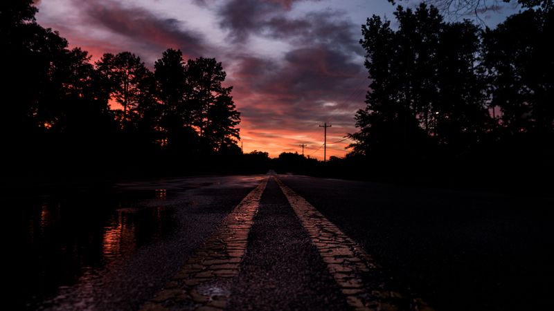 road, sunset, marking, trees, 4k