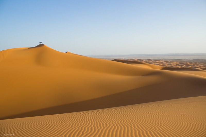 hikers walk along sand ridges in the desert of erg chebbi, extreme desert hikes 4k