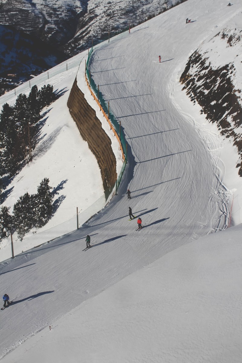 a steep slope on a ski mountain going down a france ski resort les 2 alpes, ski slope 4k
