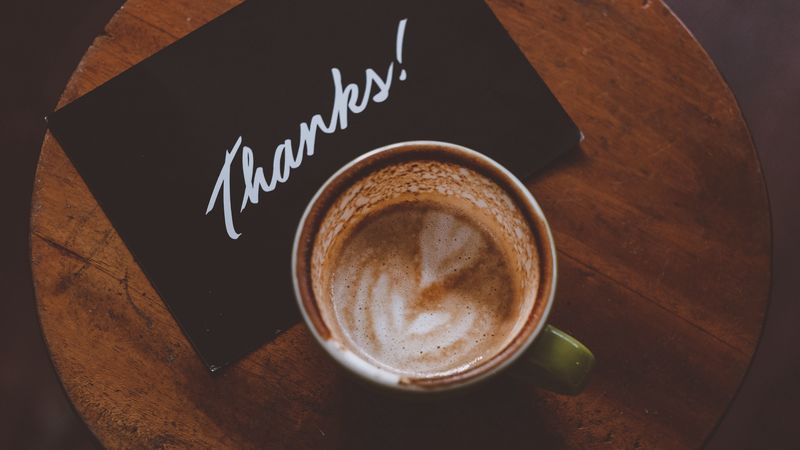 coffee, cup, card, text, gratitude, 4k