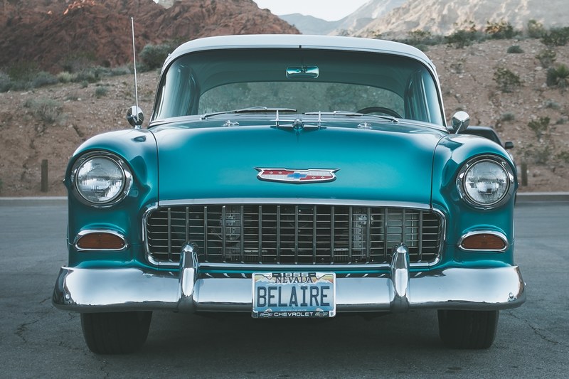vintage green car with stylish grille parked in red rock canyon national conservation area, car chevrolet chrome and wheel 4k
