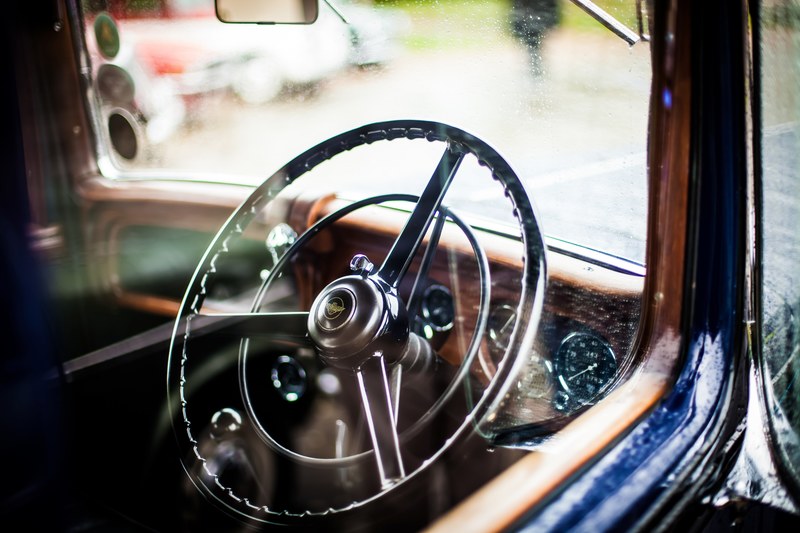 vintage chrome steering wheel and dashboard seen through car window, chrome steering wheel 4k