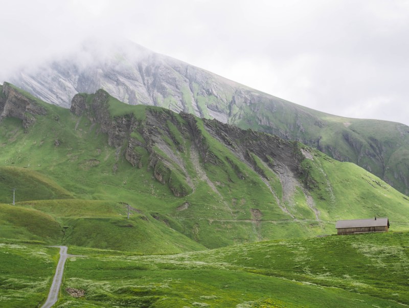 two parallel ridges covered in green grass and moss in grindelwald, above the valley village 4k