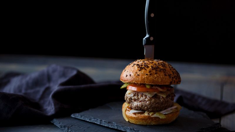 burger, hamburger, buns, meat, knife, 4k