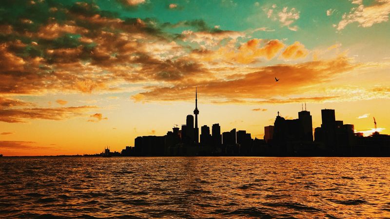 toronto, canada, sunset, buildings, sea, 4k