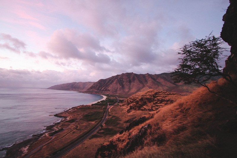 a brown grassy mountainside along the ocean at sunset in oahu, side of the mountain 4k