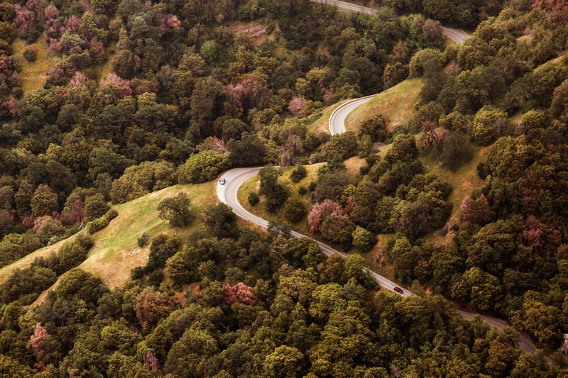 car on winding forest highway on slope with trees in california, driving on winding forest highway in california 4k