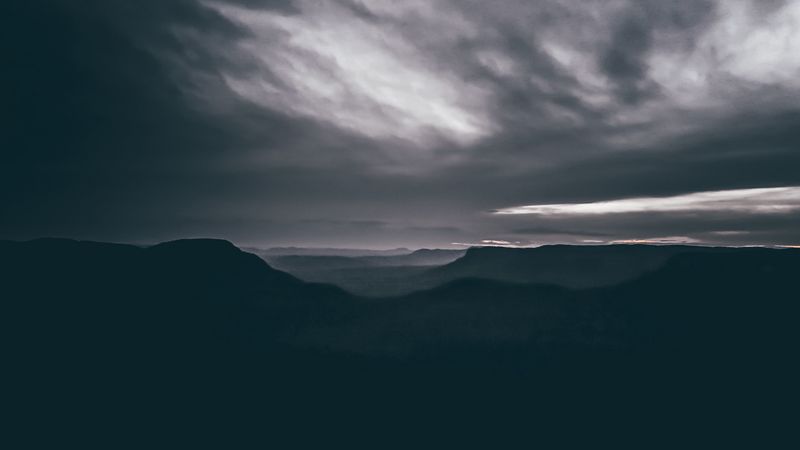 mountains, clouds, dark, national park, blue mountains, australia, 4k