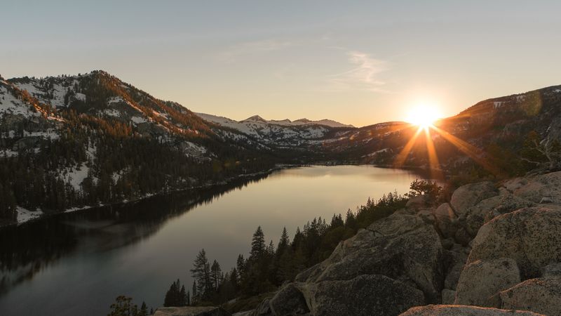 lake, mountains, sunset, stones, 4k