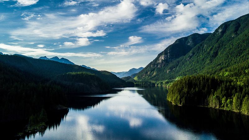 lake, mountains, reflection, summer, 4k