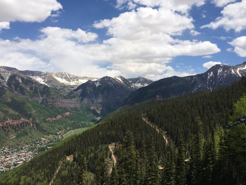 the village of telluride in a mountain valley near snow topped peaks, telluride valley 4k