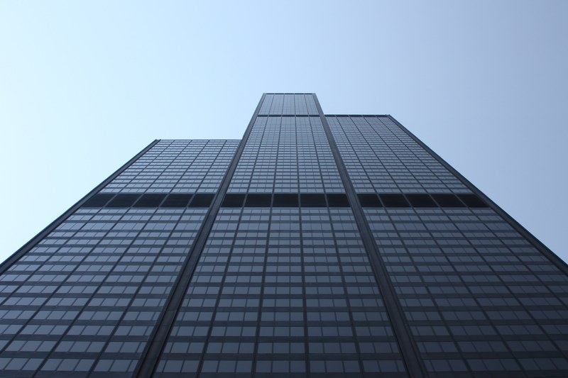 view of willis tower skyscraper facade and windows from below, willis tower 4k
