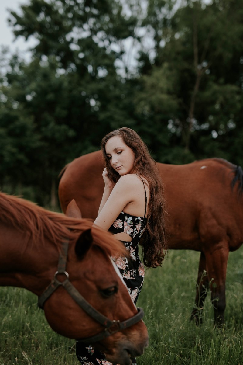 a young woman standing between two chestnut horses, woman between grazing horses 4k