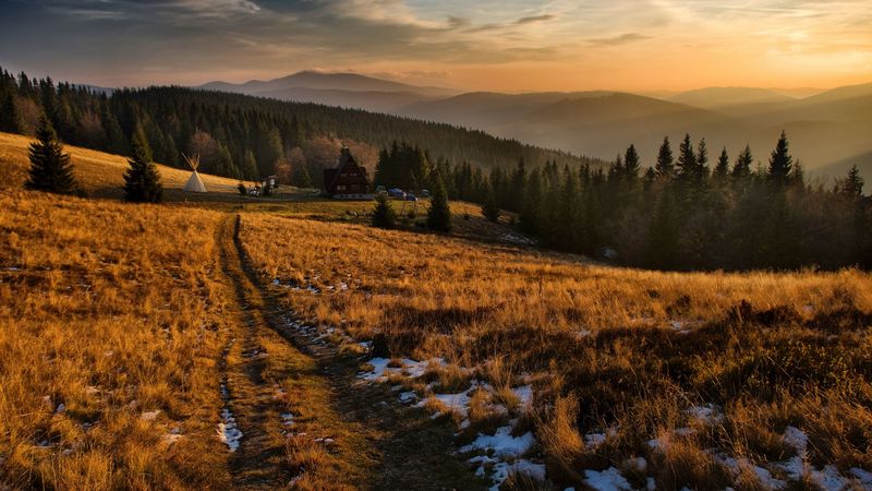 village, field, poland, mountains, grass, snow, 4k