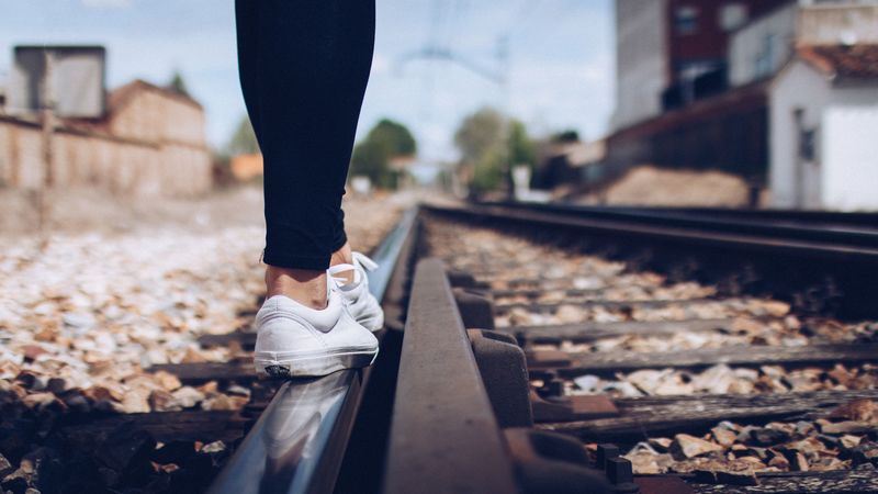sneakers, legs, railway, 4k