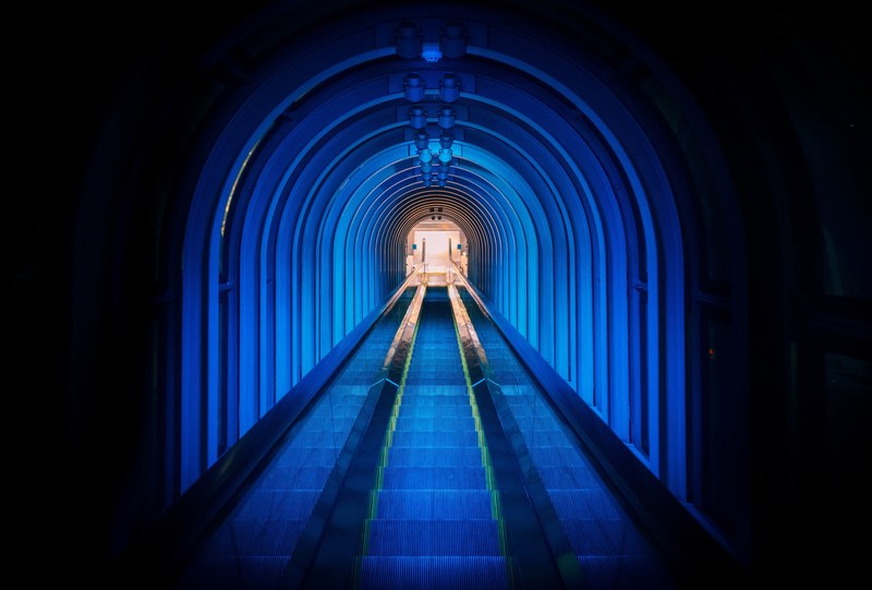 building architecture blue and corridor 4k