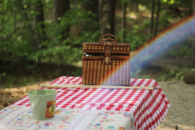 a wicker basket sitting on a picnic table with a red plaid tablecloth at white lake state park, picnic basket 4k