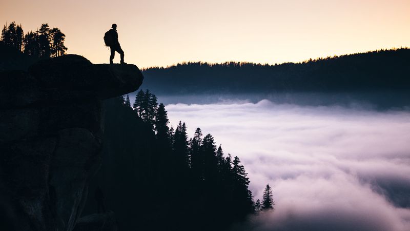 precipice, man, freedom, fog, glacier point, yosemite valley, united states, 4k