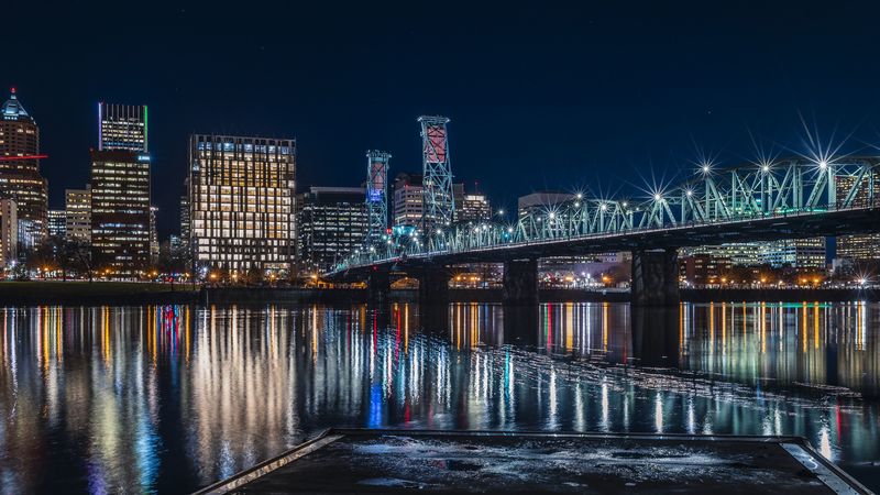 bridge, lights, glow, reflection, 4k
